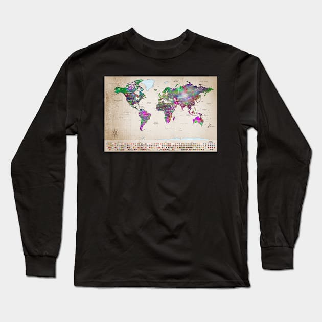 World Map With Countries Flags Long Sleeve T-Shirt by SharpWallArts